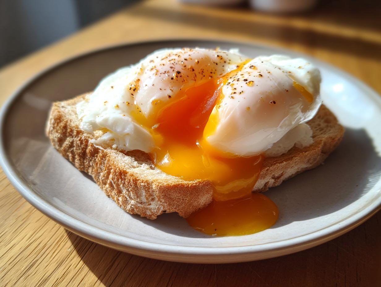Two perfectly formed poached eggs with runny yolks spilling over seasoned toast.