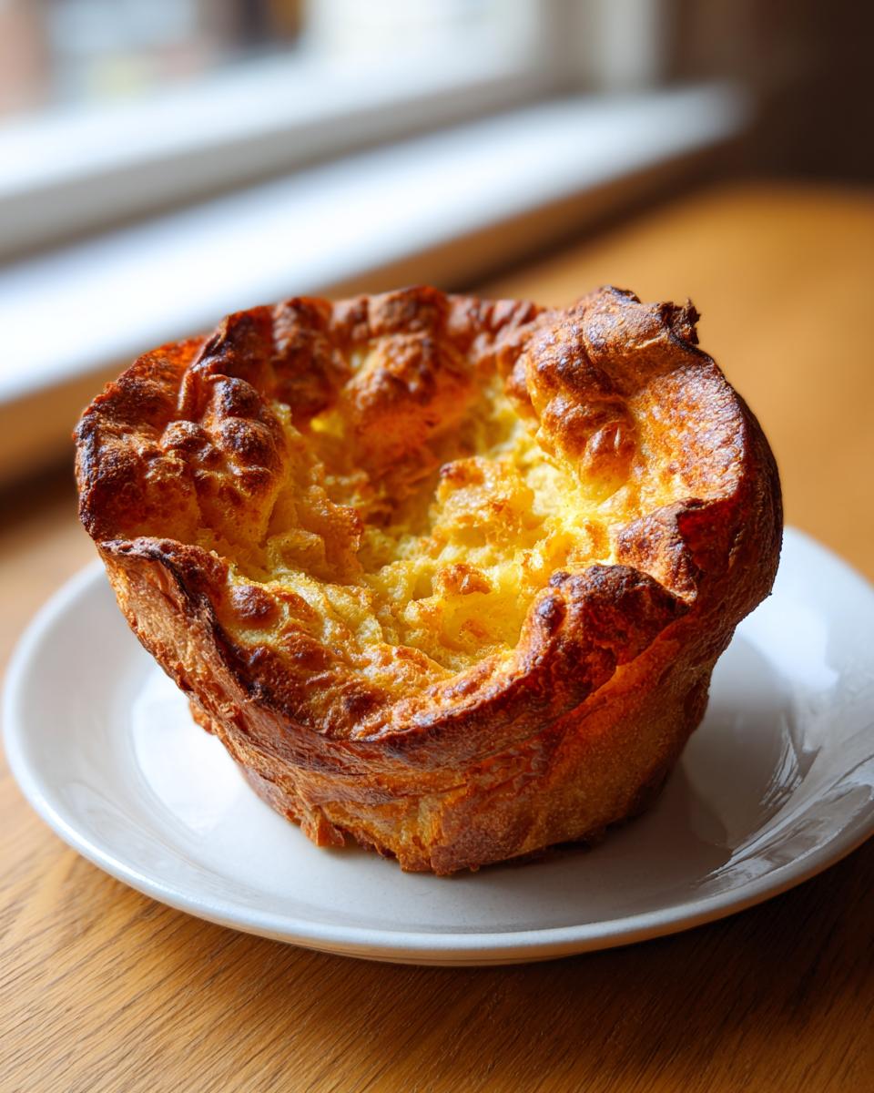 A single, tall, golden-brown yorkshire pudding with a crispy, puffed edge sitting on a small white plate.