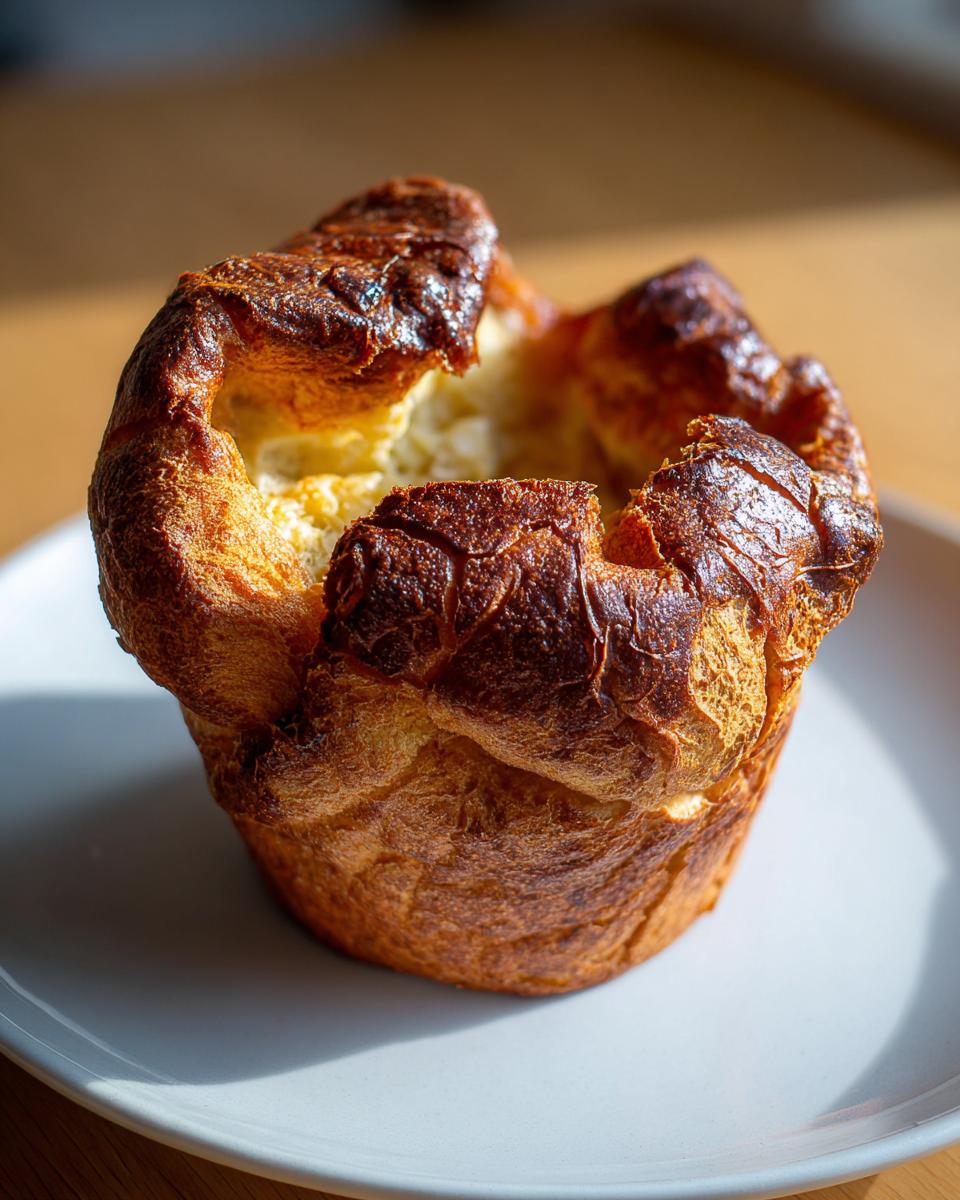 A single, tall, golden-brown yorkshire pudding with a crisp, risen edge sitting on a white plate.