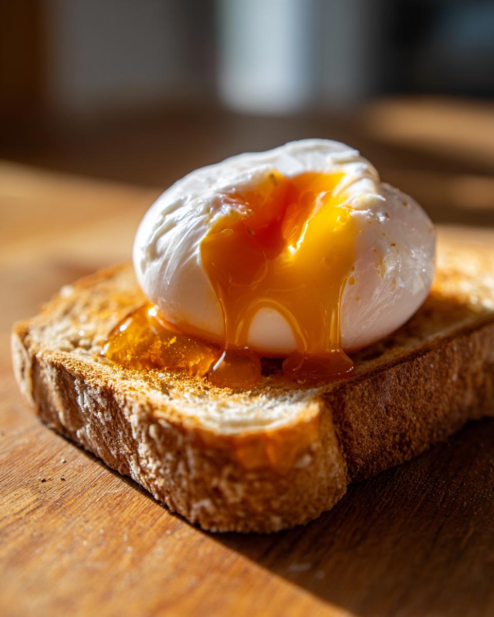 Close-up of a perfectly poached eggs with bright orange yolk running down onto a slice of toasted bread.