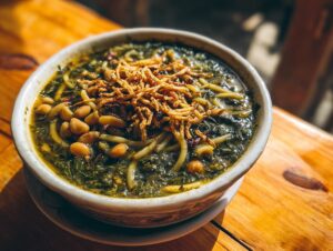 Close-up of a rich bowl of Persian noodle soup topped with fried onions and beans.