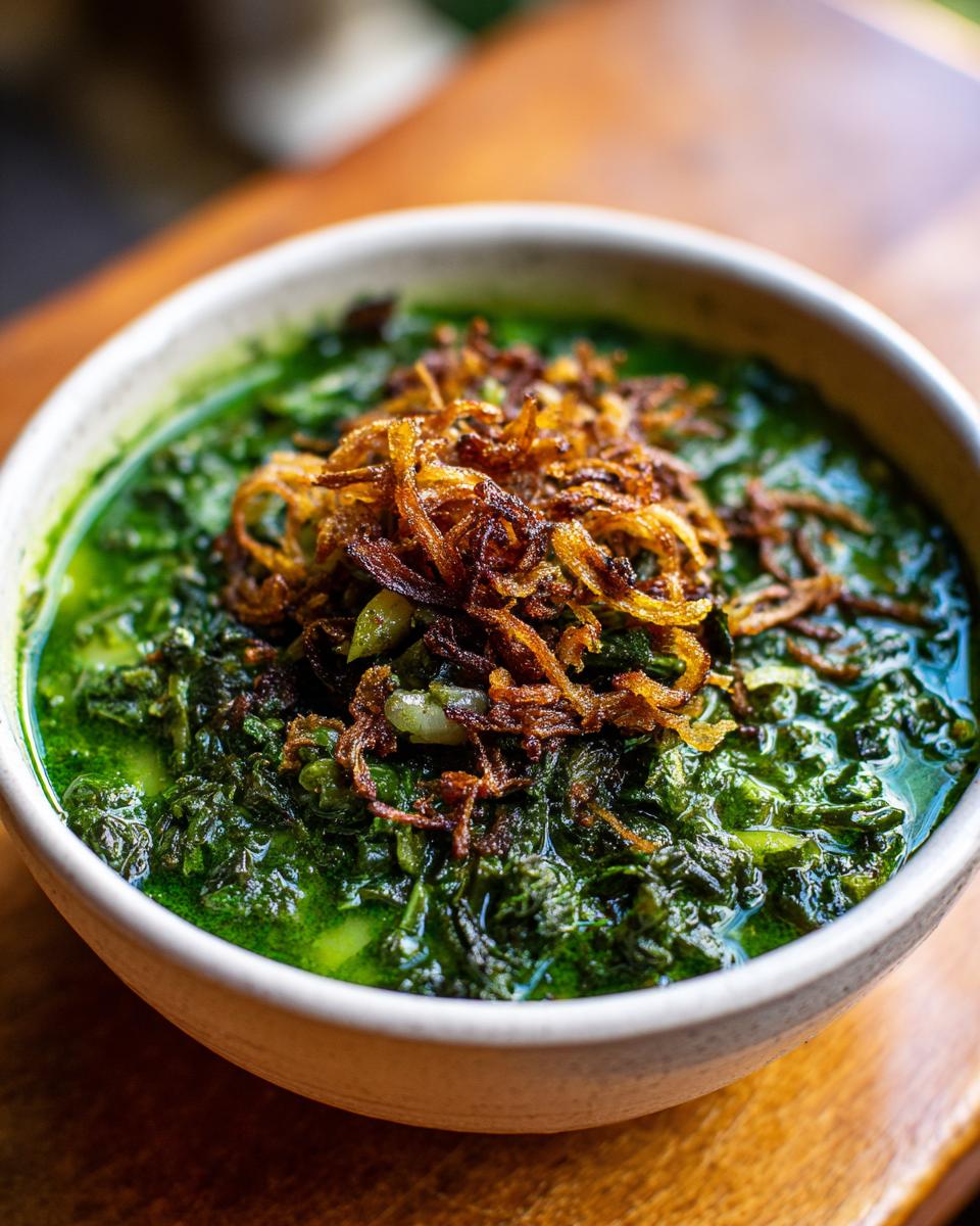 A close-up of a bowl of rich, green Persian noodle soup garnished generously with crispy fried onions.