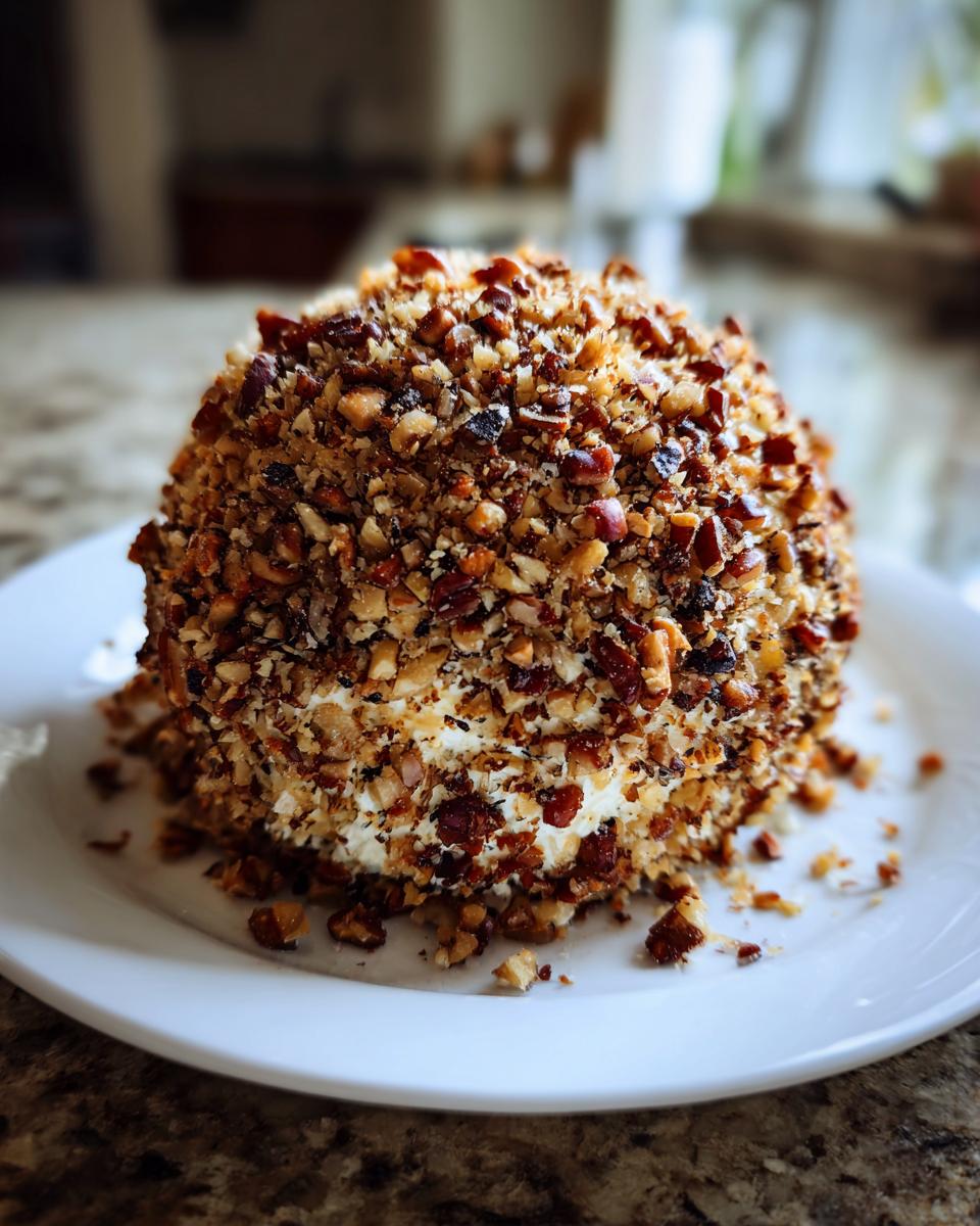 A close-up of a delicious pineapple cheese ball completely coated in finely chopped, toasted nuts.