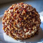 Close-up of a delicious pineapple cheese ball completely covered in chopped, toasted pecans.