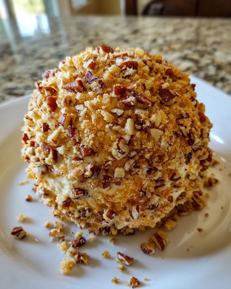 A delicious pineapple cheese ball completely covered in chopped pecans and crumbs, resting on a white plate.