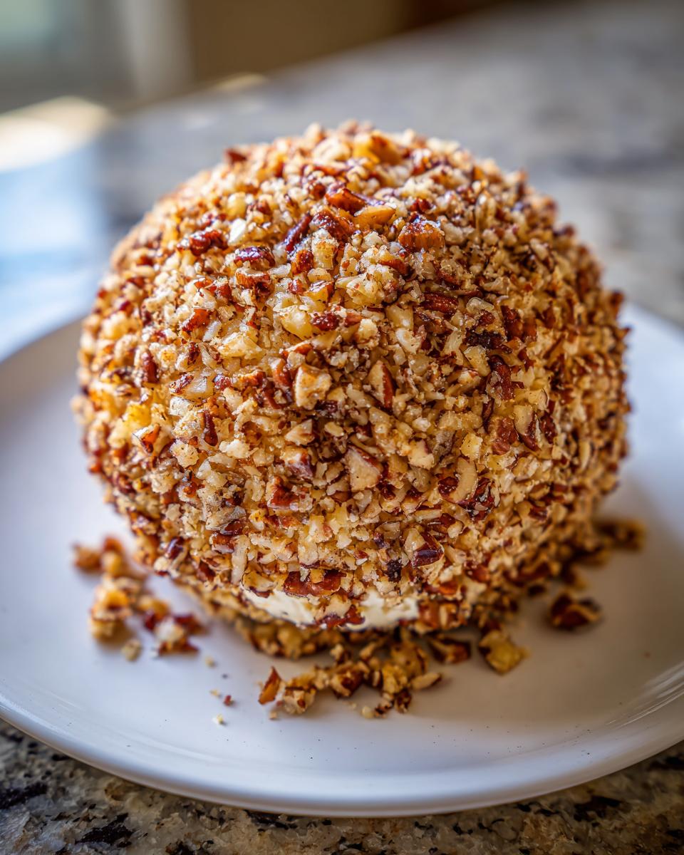 A close-up of a large, round pineapple cheese ball completely covered in chopped pecans, resting on a white plate.