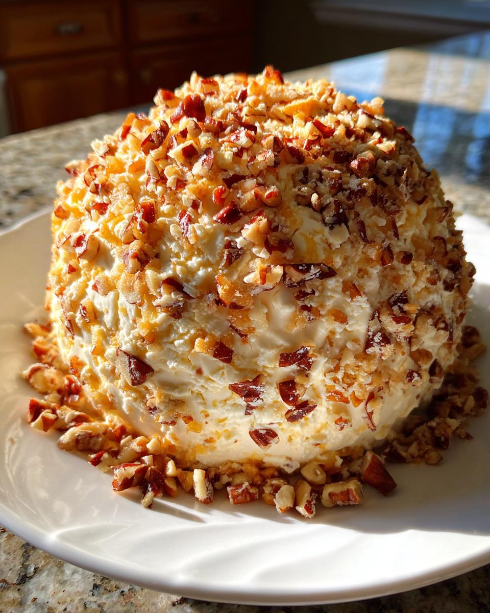 A beautiful, round pineapple cheese ball generously coated in chopped pecans, sitting on a white plate.