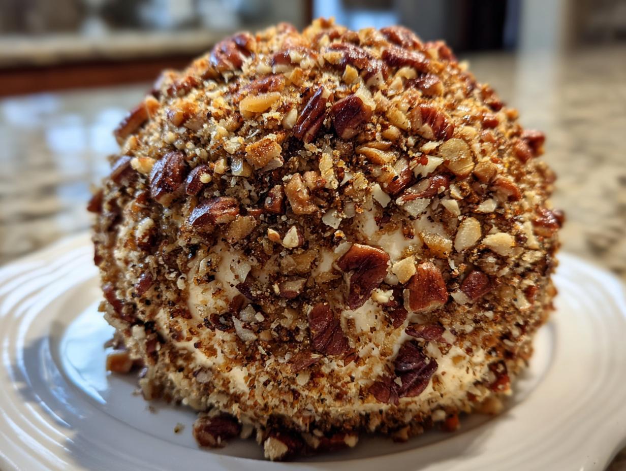 Close-up of a round pineapple cheese ball completely covered in chopped pecans and spices.