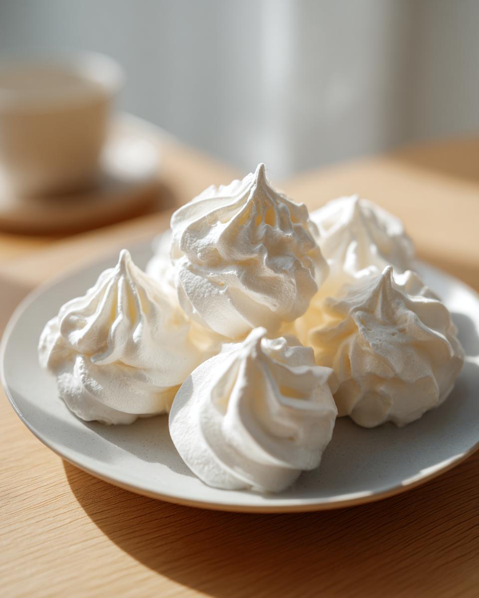 A close-up of several perfectly piped white meringue cookies stacked on a light gray plate.