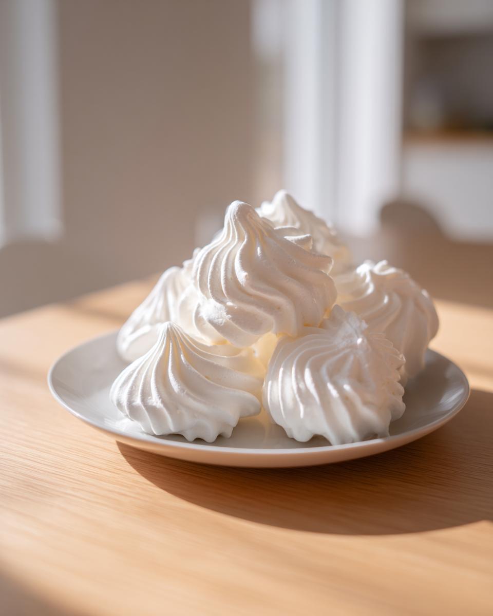 A small white plate piled high with perfectly piped, bright white meringue cookies sitting on a light wooden table.