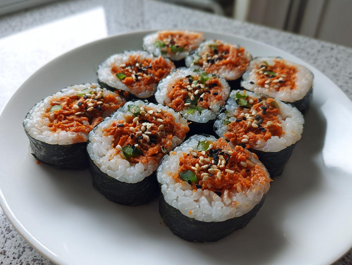 A white plate holding several slices of homemade tuna kimbap, topped with sesame seeds and green onion.