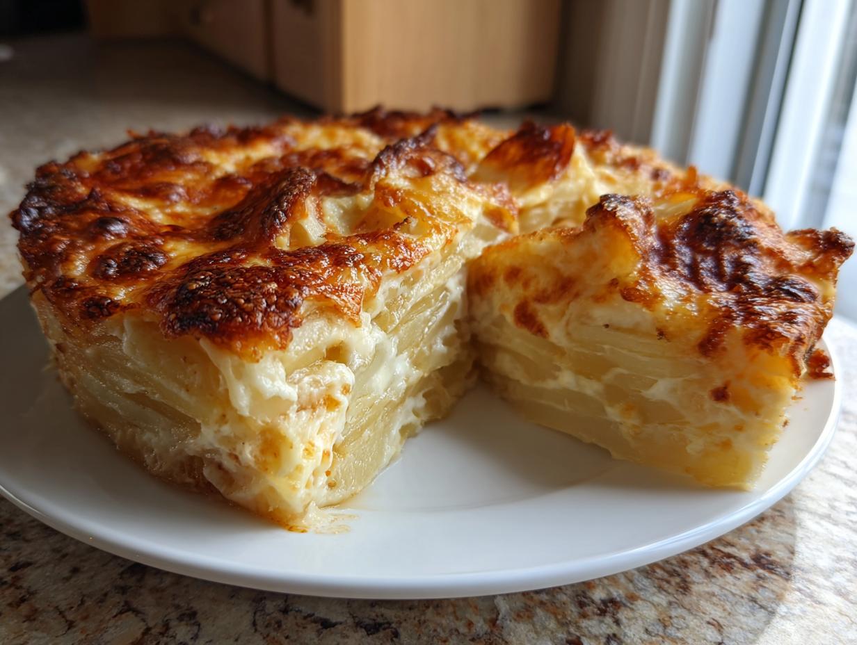 A round serving of creamy potatoes au gratin with a deeply browned, cheesy crust, with one slice cut out.