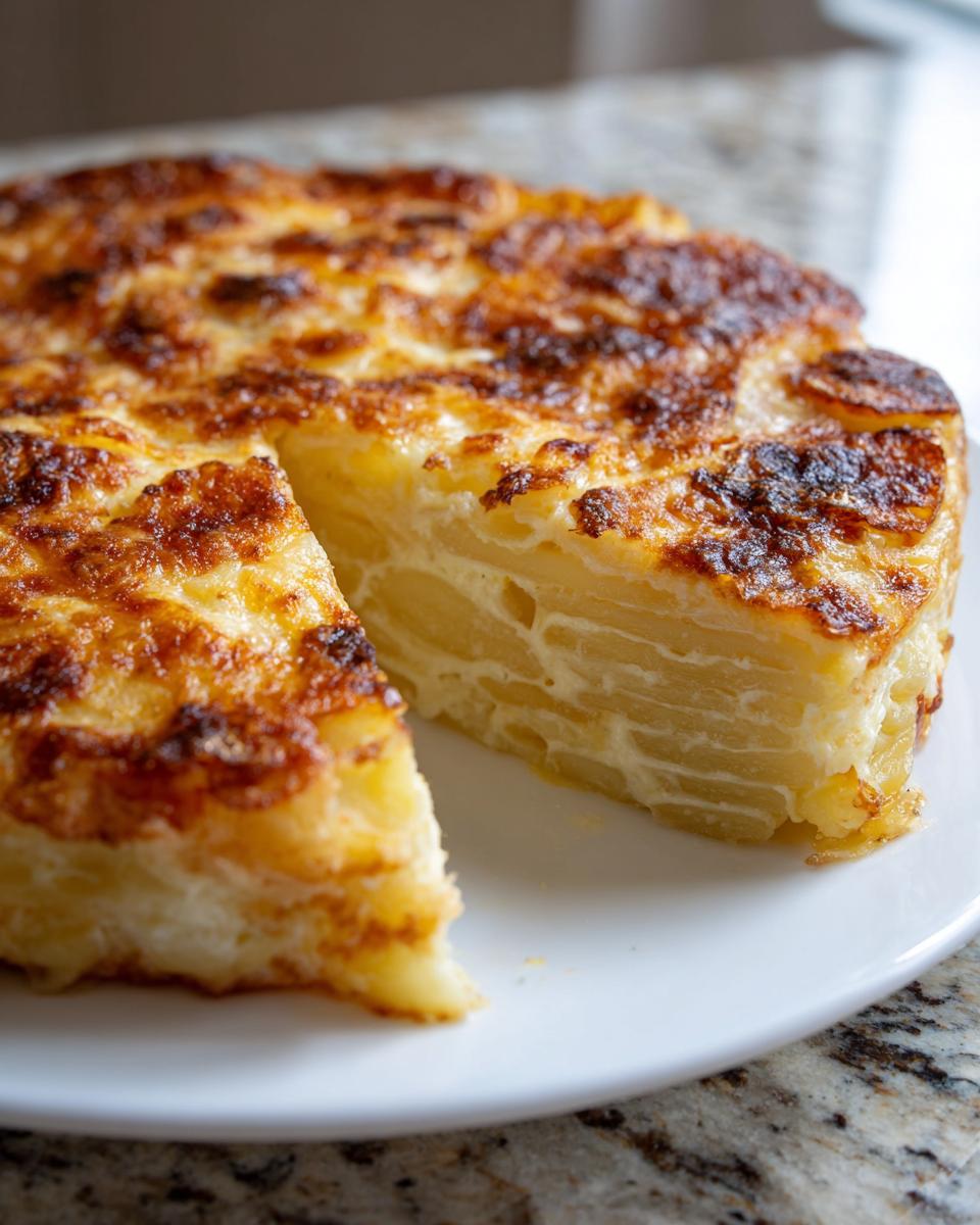 A thick, round serving of potatoes au gratin with a deeply browned, cheesy crust, sliced on a white plate.