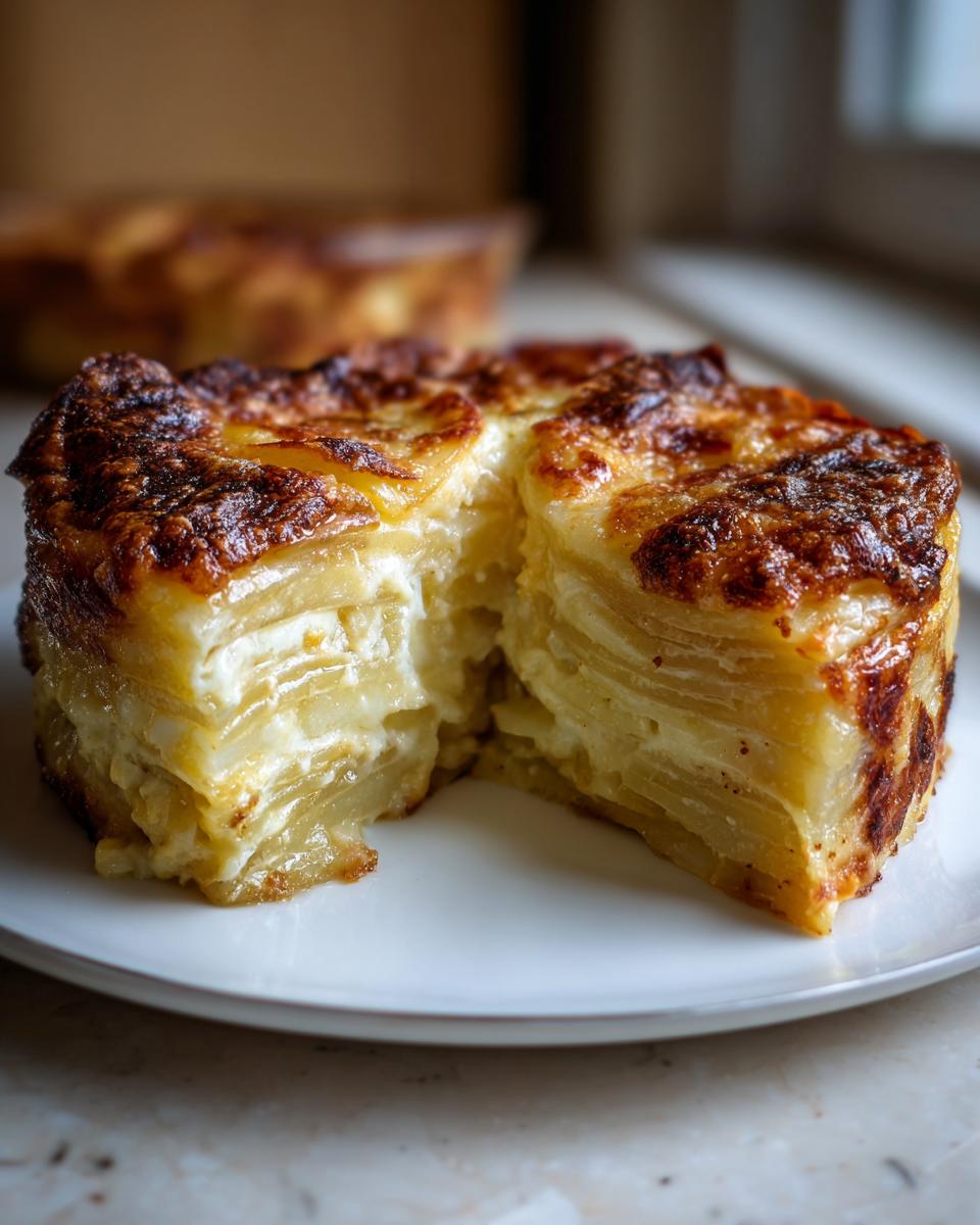 A thick, round slice of creamy potatoes au gratin showing layered potatoes and a deeply browned, cheesy crust.