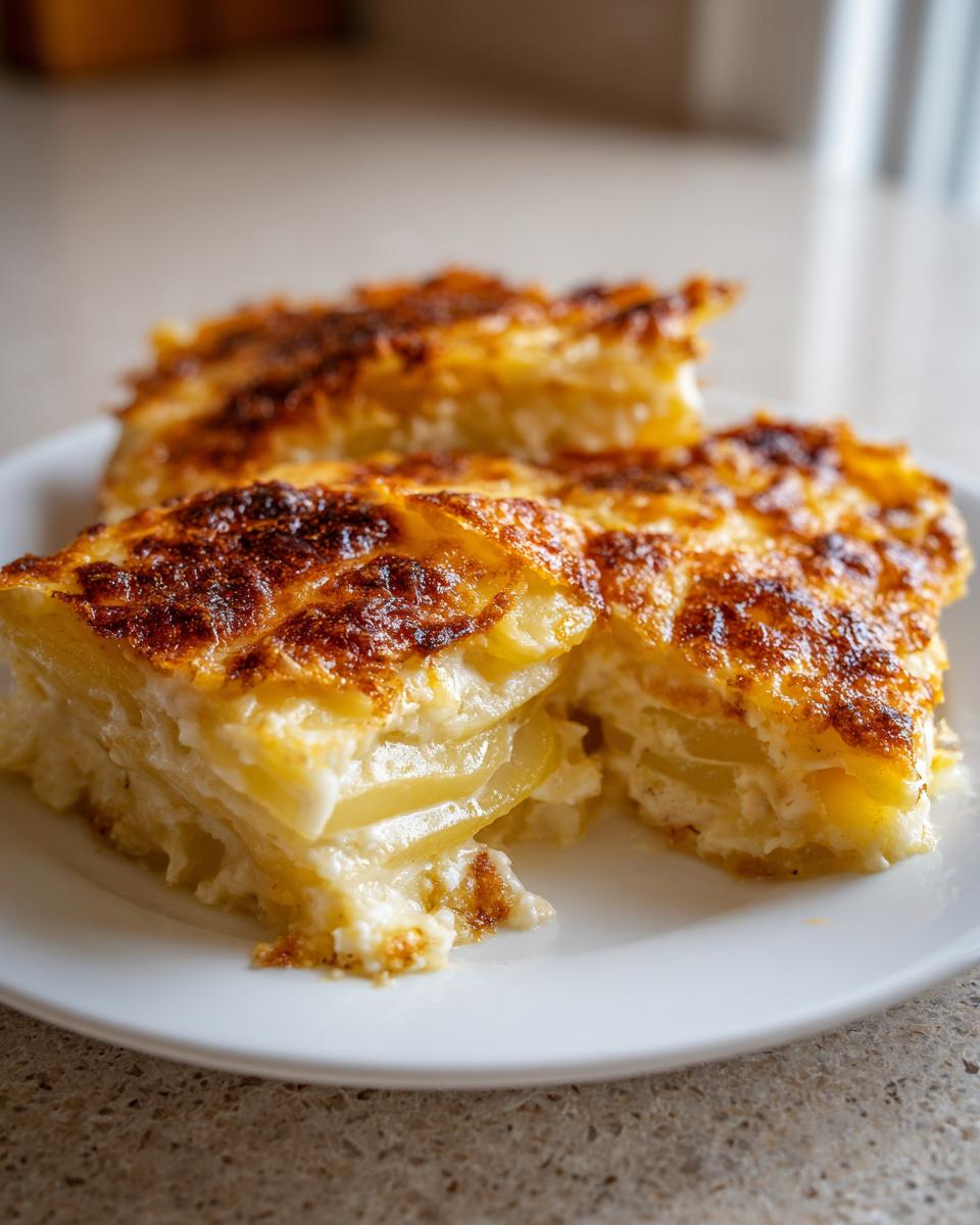 Three servings of creamy potatoes au gratin with thinly sliced potatoes layered in a rich sauce and a deeply browned, cheesy top.