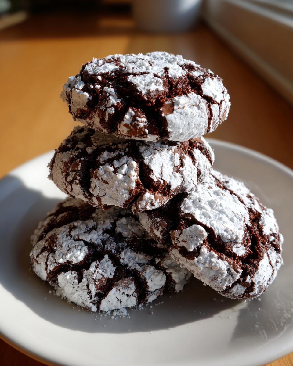 A stack of three rich, dark chocolate crinkle cookies heavily dusted with white powdered sugar.