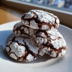 A stack of four rich, dark chocolate crinkle cookies heavily dusted with white powdered sugar.