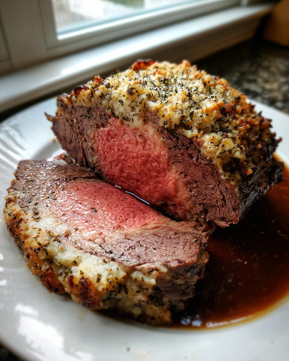 Close-up of a thick slice of medium-rare prime rib roast featuring a golden, herbed crust and rich au jus.