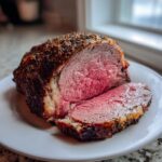 A thick slice cut from a juicy prime rib roast oven, showing a perfect medium-rare pink center and herb crust.