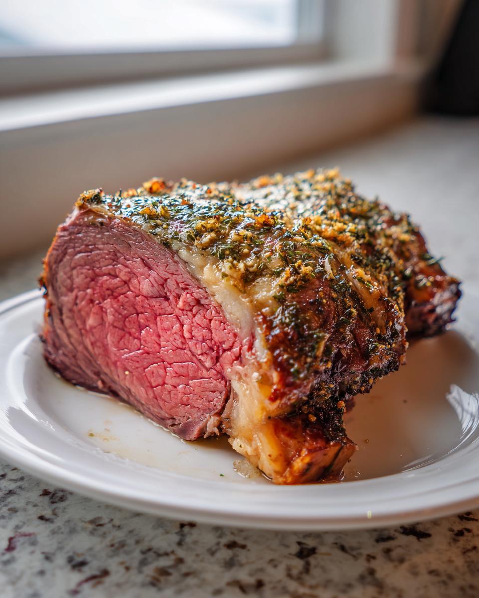 A thick slice of medium-rare prime rib roast oven on a white plate with a herb crust.
