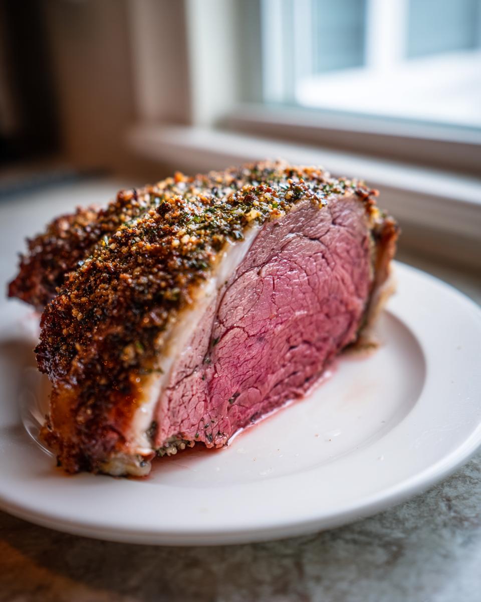 A thick slice of medium-rare prime rib roast oven with a dark, herbed crust resting on a white plate.