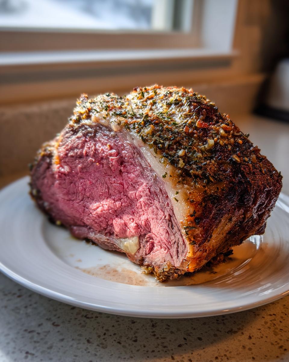 A thick slice of medium-rare prime rib roast oven cooked, showing a vibrant pink center and herb crust.