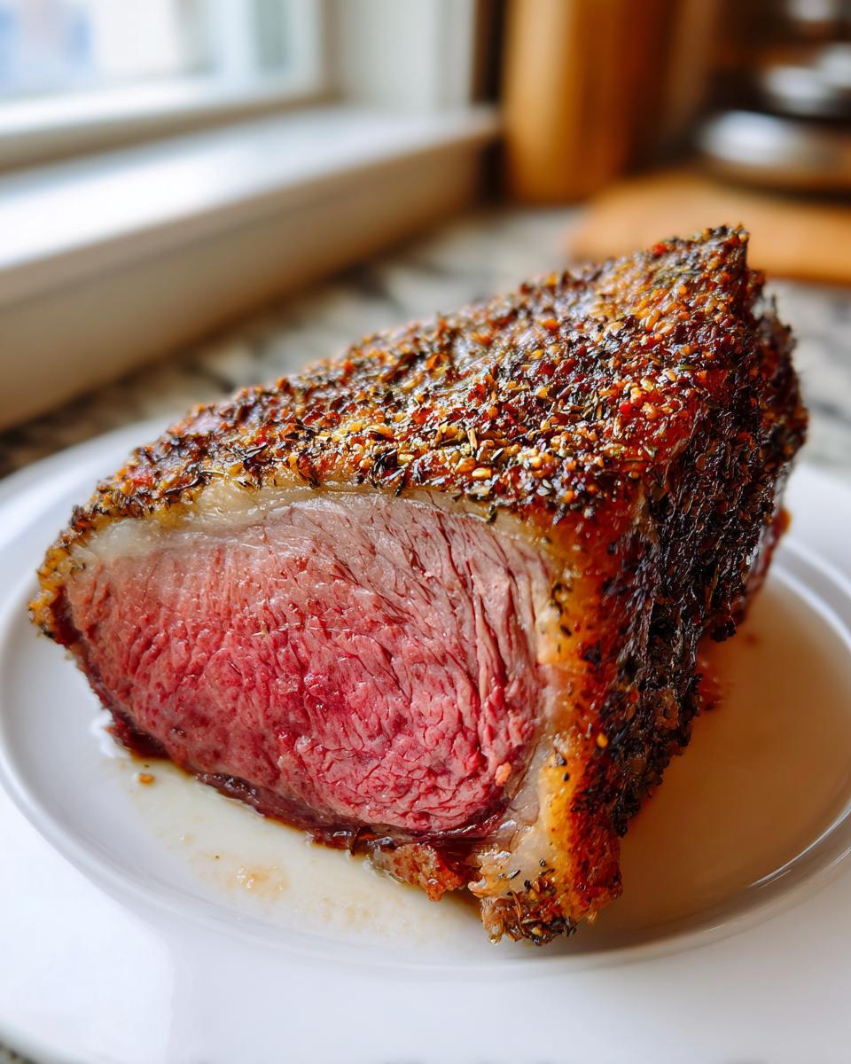 Close-up of a perfectly cooked slice of prime rib roast oven with a dark, seasoned crust and medium-rare pink center.