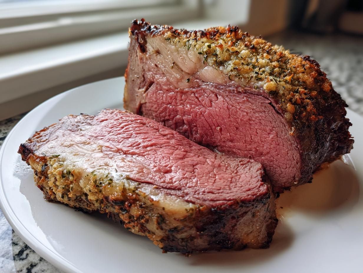 Two thick slices of medium-rare prime rib roast oven with a herb crust served on a white plate.