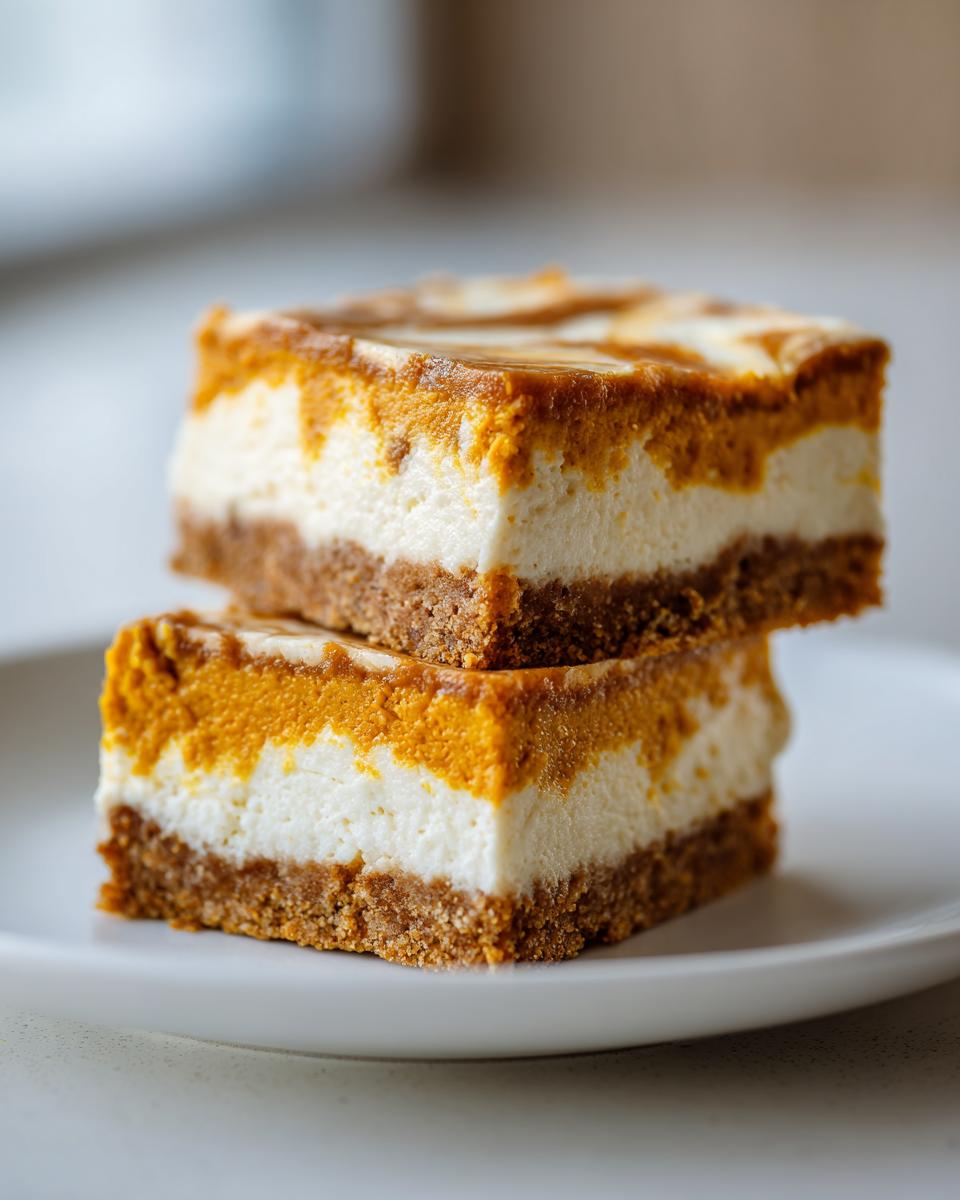 Two stacked pumpkin cheesecake bars showing distinct graham cracker crust, white cheesecake, and orange pumpkin layers.