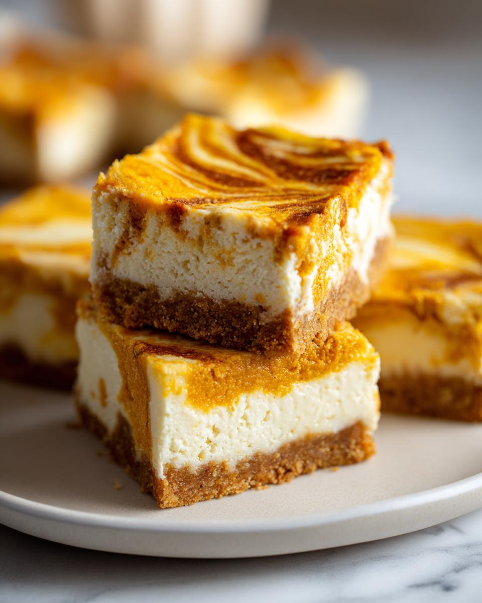 Two stacked squares of pumpkin cheesecake bars showing a graham cracker crust and a creamy, orange-swirled topping.