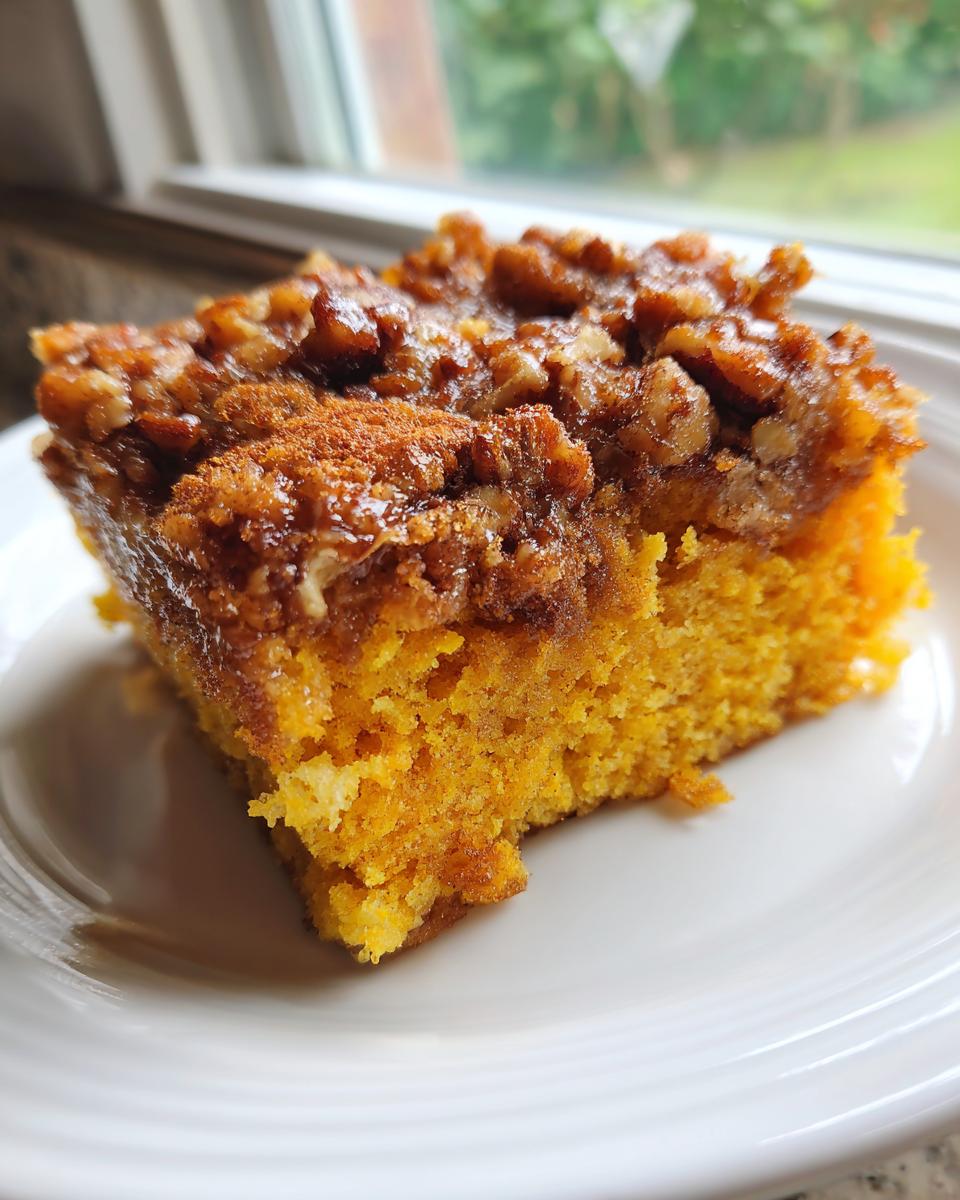 A close-up of a moist slice of bright orange pumpkin crunch cake topped with a crunchy pecan topping.