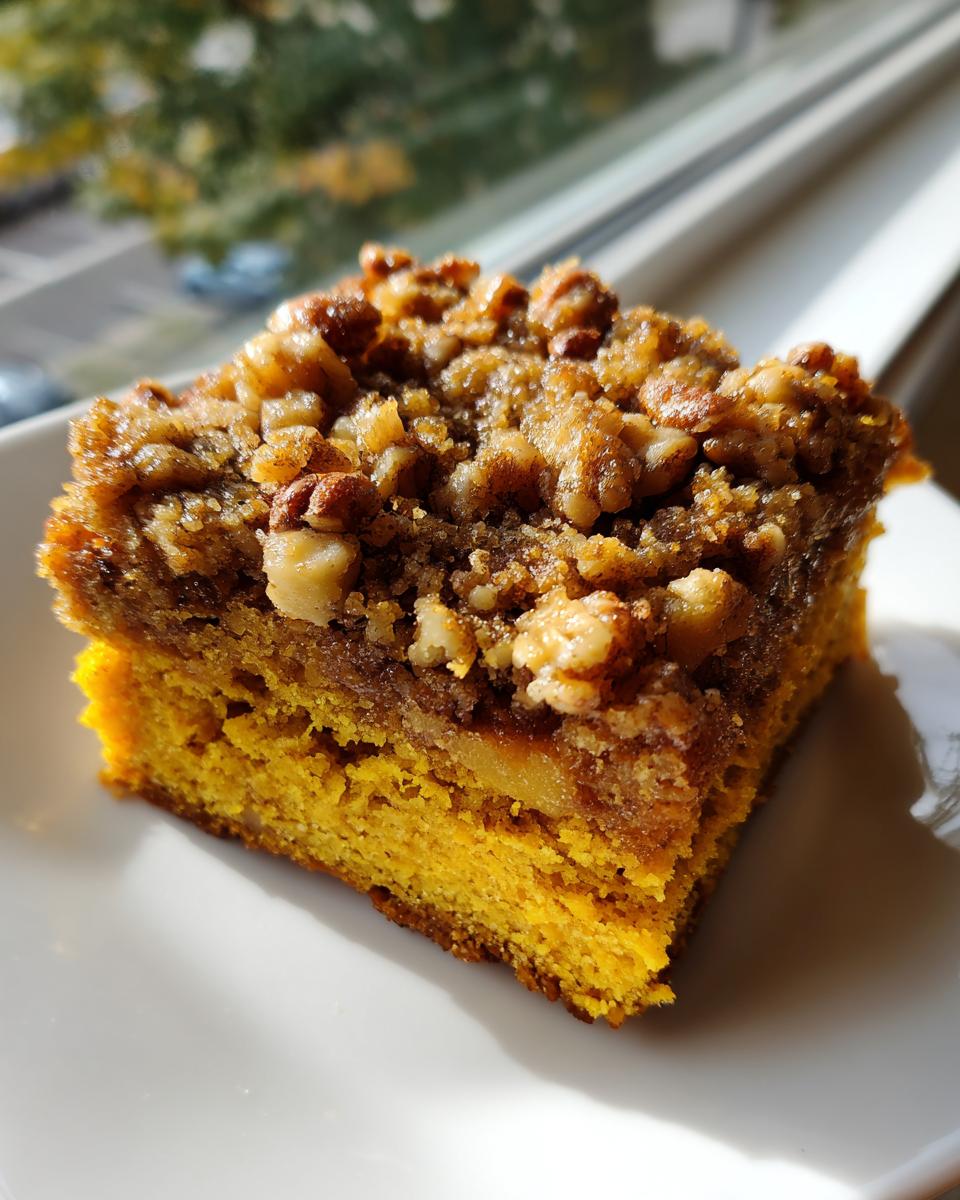 A close-up of a moist slice of pumpkin crunch cake featuring a bright orange base and a thick, crunchy pecan streusel topping.