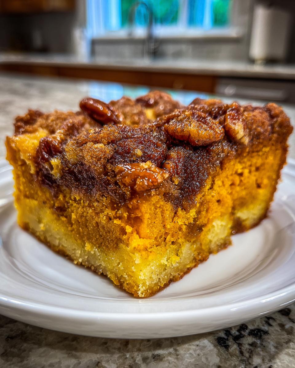 Close-up of a square slice of rich, orange pumpkin pecan cobbler topped with glazed pecans.