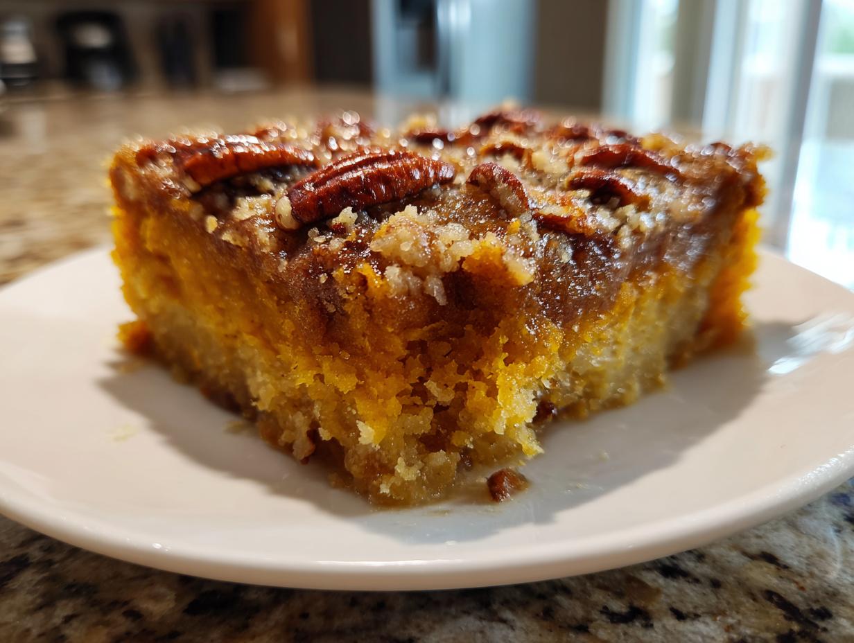 Close-up of a moist square slice of pumpkin pecan cobbler, featuring a rich orange base and a sticky pecan topping.