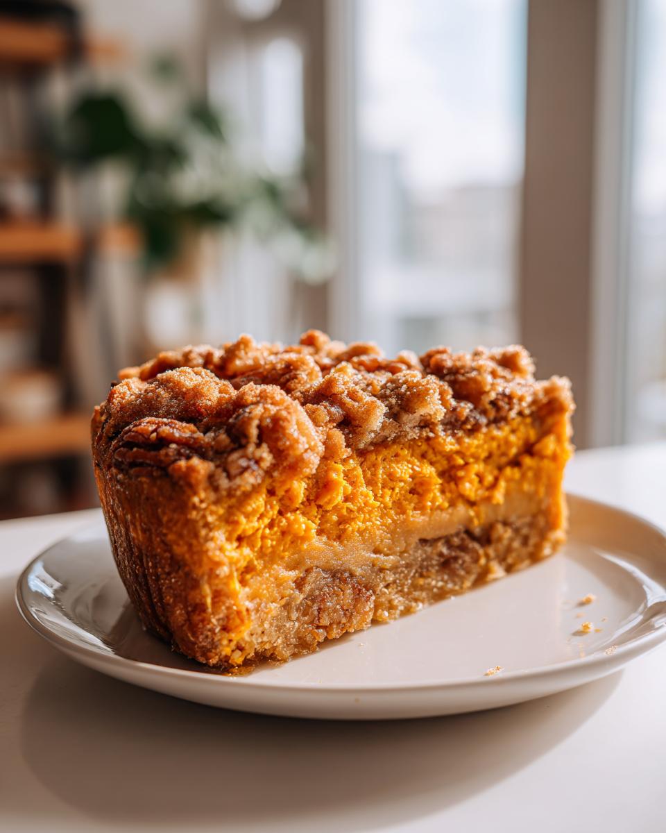 A close-up slice of rich, orange pumpkin pecan cobbler topped with a sugary crumble, served on a white plate.