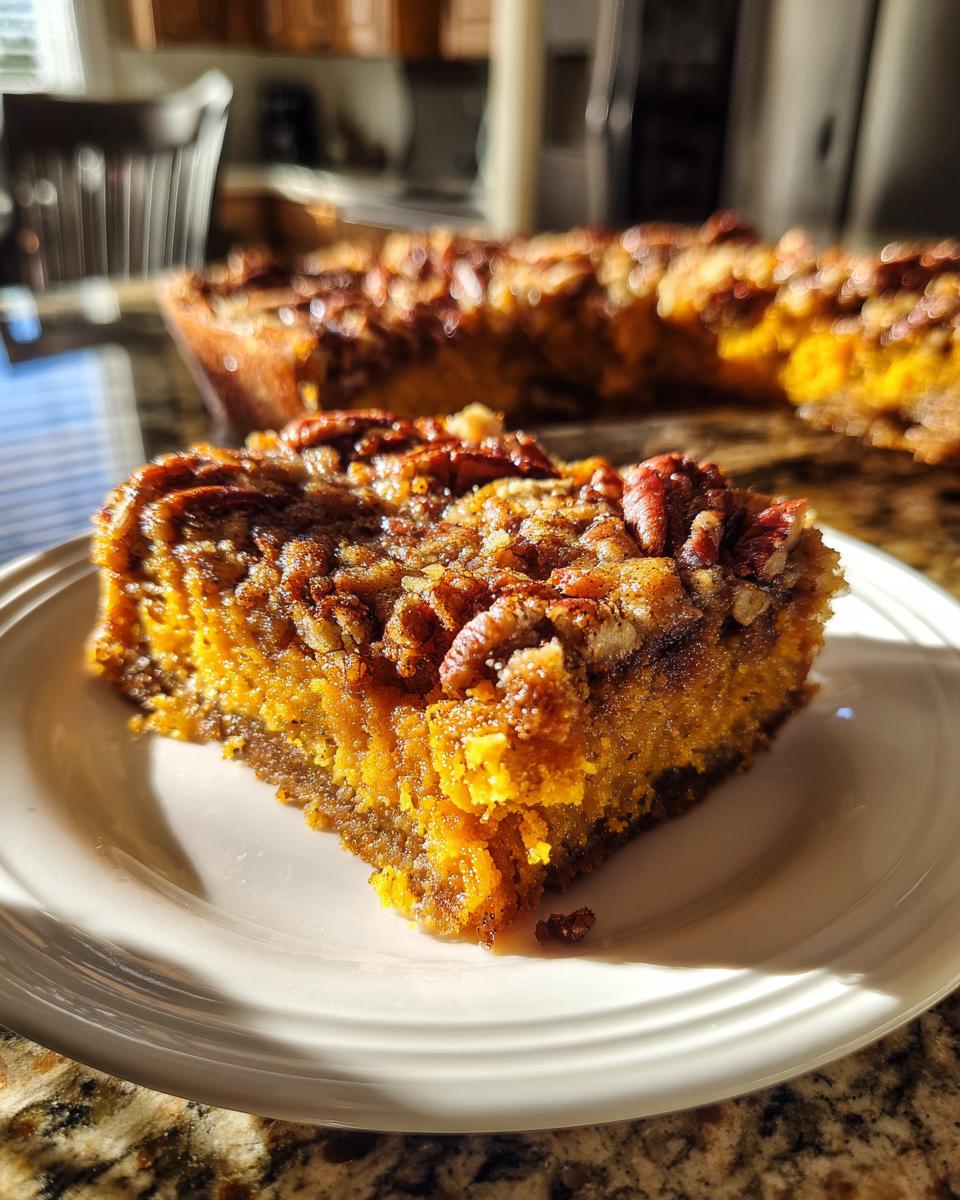 A close-up shot of a square slice of rich, orange pumpkin pecan cobbler topped with crunchy pecans, served on a white plate.