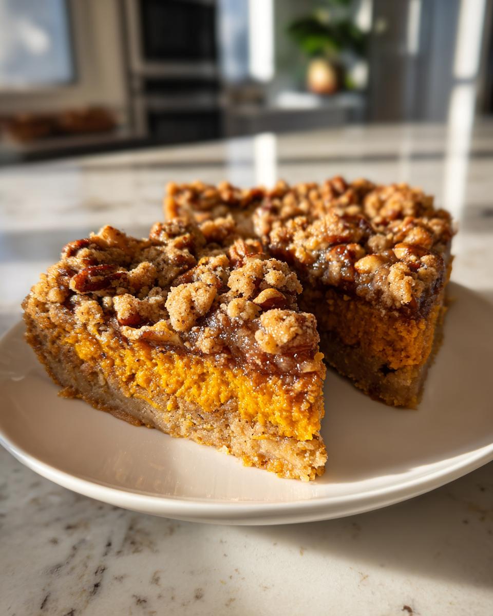 Two square slices of rich pumpkin pecan cobbler showing the bright orange filling and crunchy pecan topping.