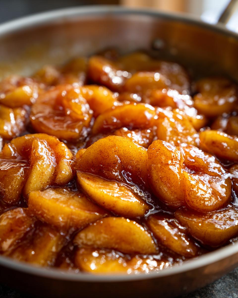 Close-up of glossy, spiced apple pie filling slices simmering in a metal skillet.