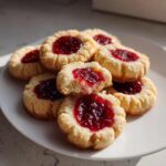 A pile of buttery raspberry thumbprint cookies on a white plate, one cookie is broken open showing the soft interior.