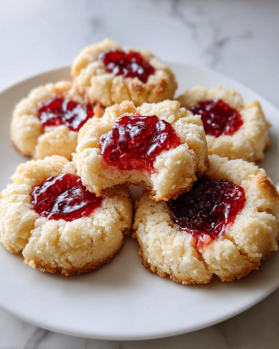 A stack of buttery raspberry thumbprint cookies with bright red jam centers piled on a white plate.