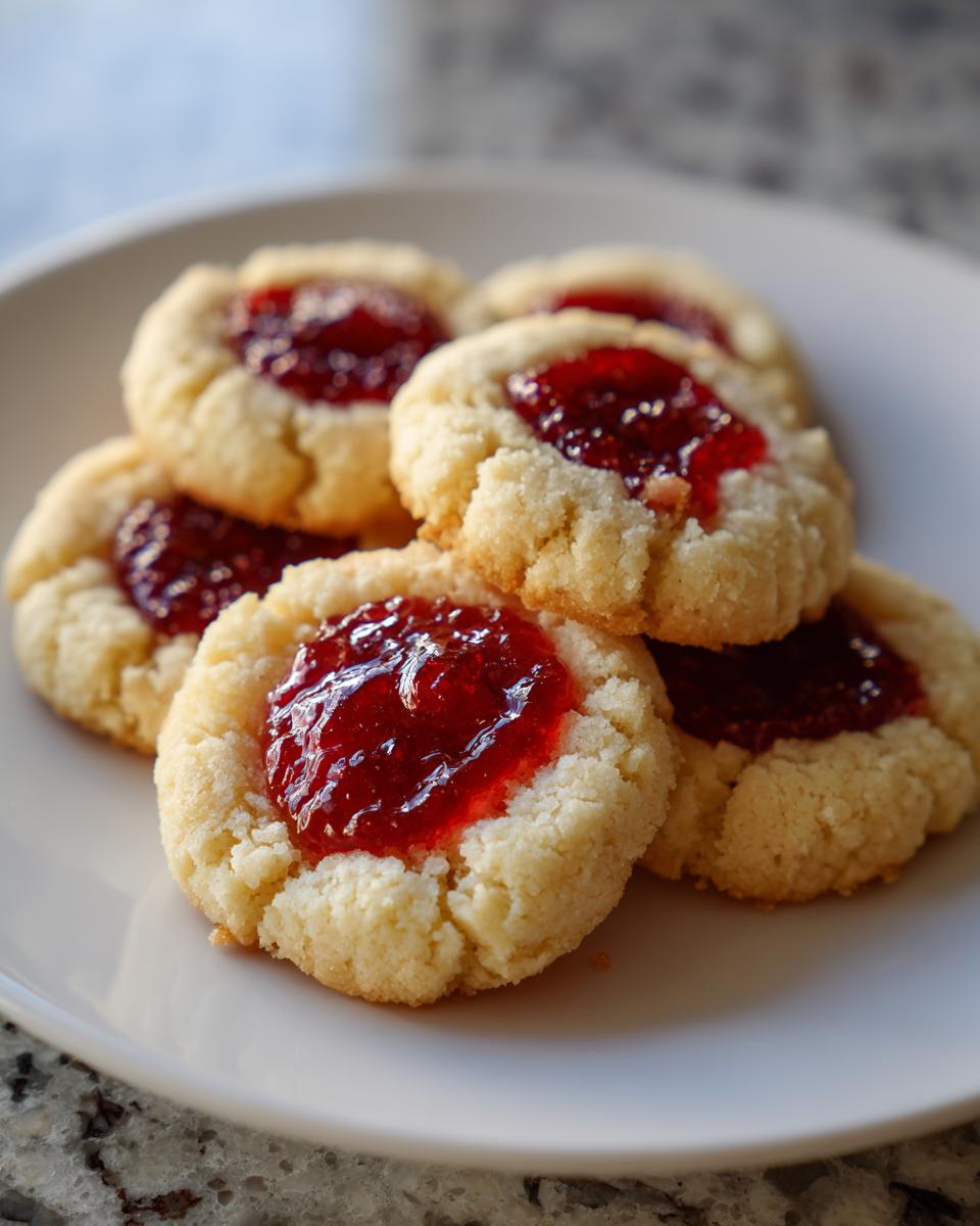 A stack of buttery raspberry thumbprint cookies with bright red jam centers resting on a white plate.