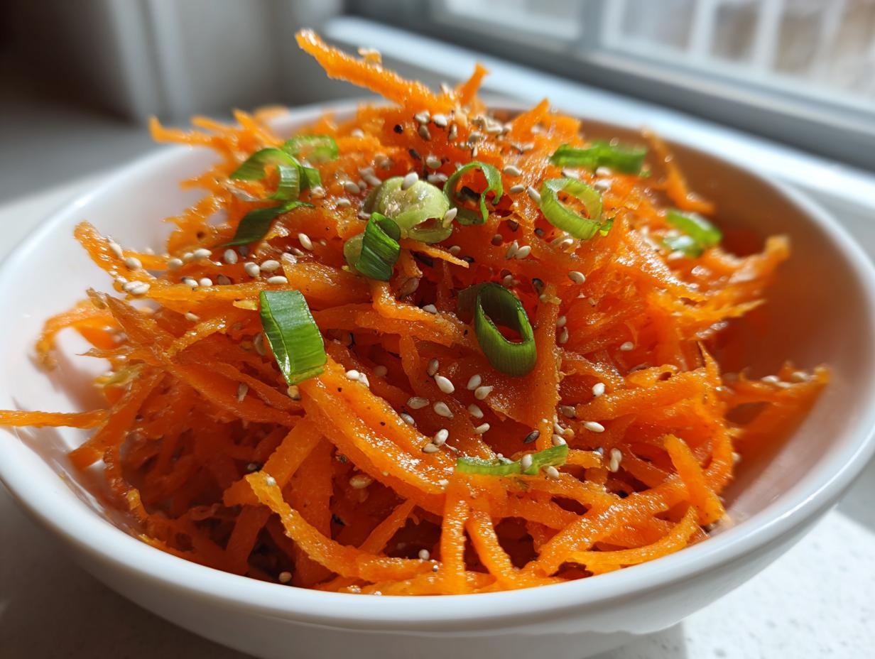 A close-up of a vibrant raw carrot salad, featuring shredded carrots topped with sesame seeds and sliced green onions.