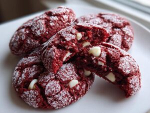 A stack of soft, crinkled red velvet cookies coated in sugar, one broken open to show white chocolate chips.