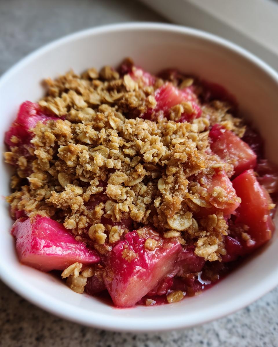 Close-up view of a serving of bright pink rhubarb crisp topped with a golden, crunchy oat crumble.