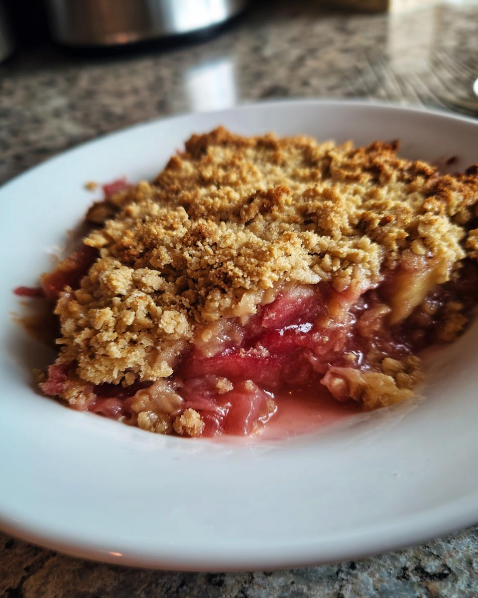 Close-up of a serving of warm rhubarb crisp showing the bright pink filling and golden brown crumb topping.