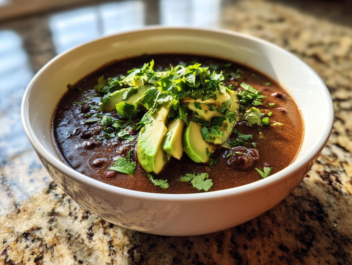 A close-up of a hearty bowl of rich black bean soup garnished with sliced avocado and fresh chopped cilantro.