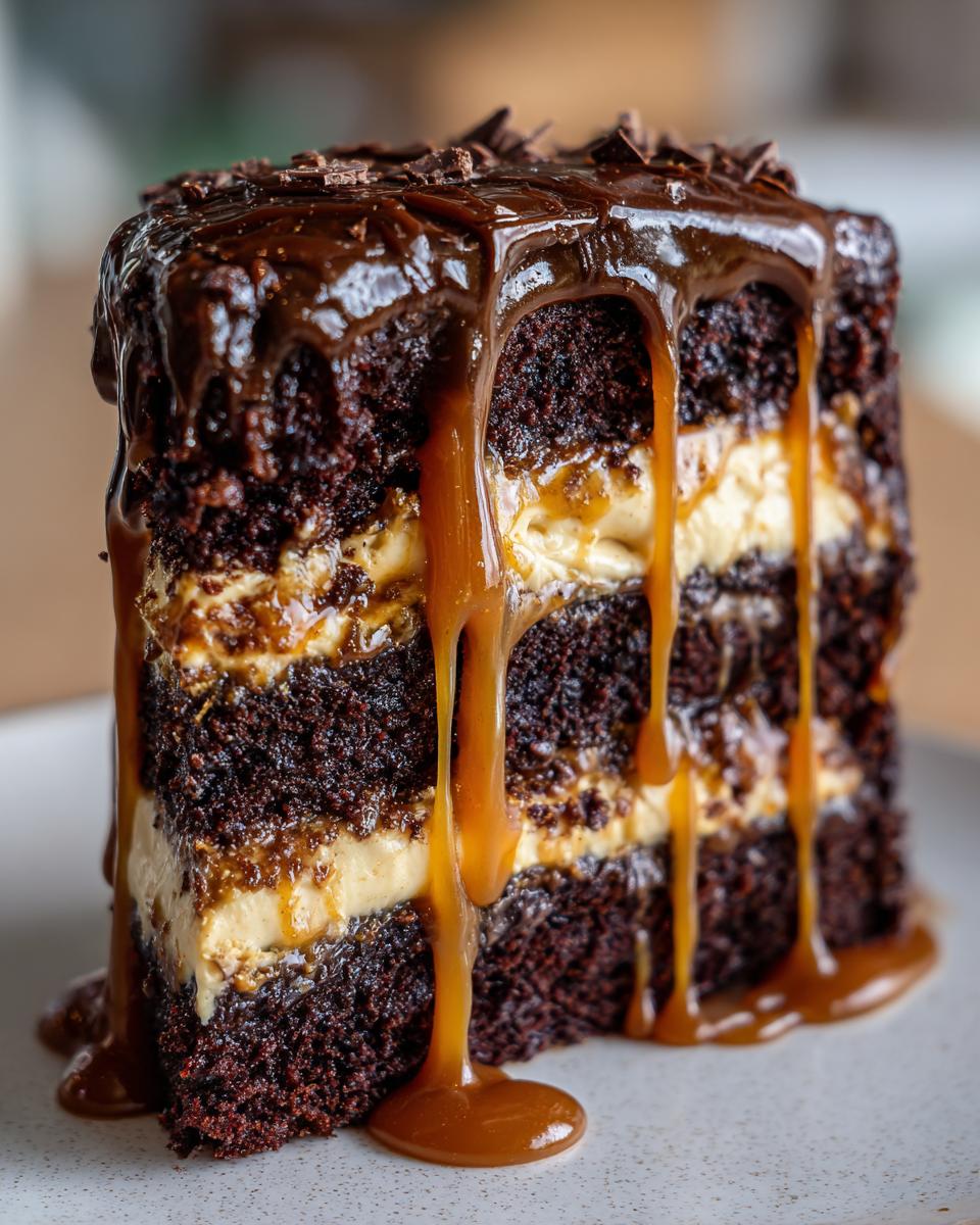 Close-up of a rich slice of Capricorn cake, featuring dark chocolate layers, creamy filling, and dripping caramel sauce.