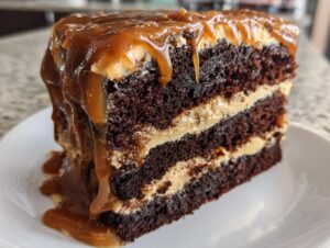 Close-up of a slice of rich Capricorn cake with dark chocolate layers and caramel frosting dripping down.
