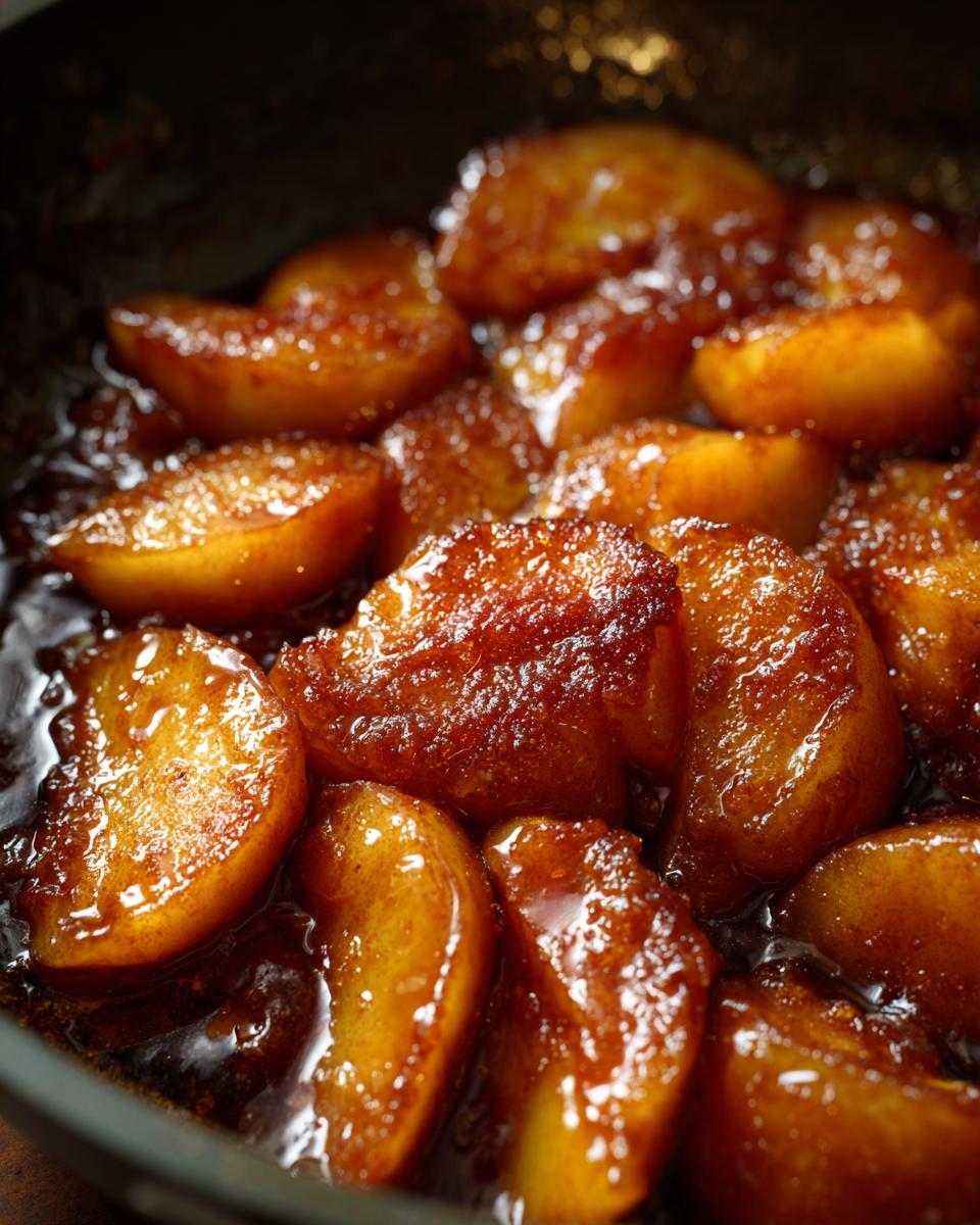 Close-up shot of thick, caramelized apple pie filling slices simmering in a dark sauce.