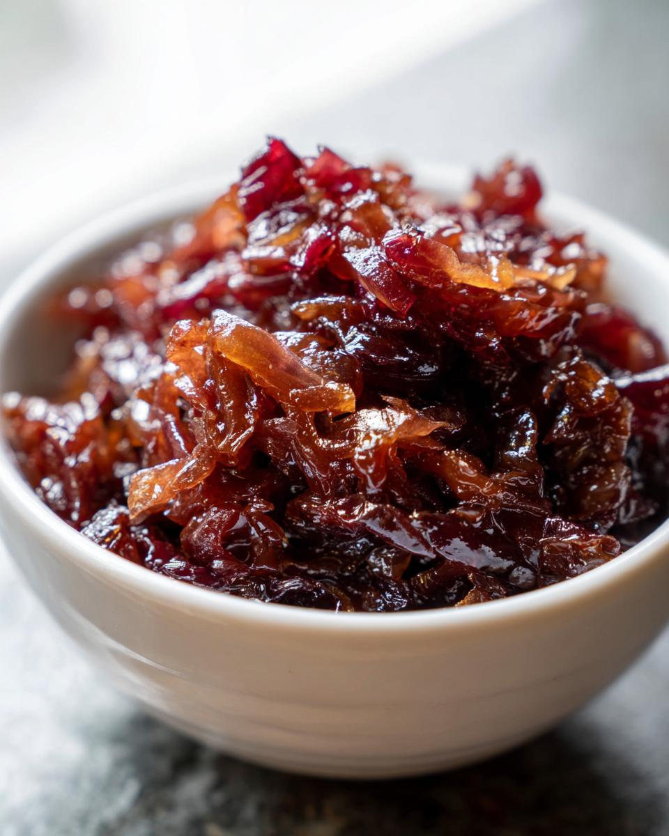 Close-up of rich, dark, glossy caramelized onions piled high in a small white bowl.